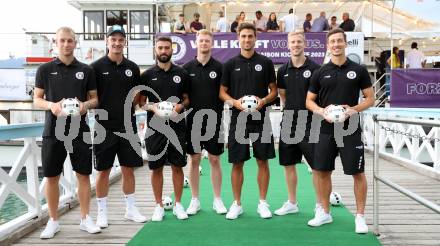 Fussball Bundesliga. Kick off, SK Austria KLagenfurt.  Florian Jaritz, Nicolas Wimmer, Kosmas Gkezos, Jonas Arweiler, Thorsten Mahrer, Christopher Cvetko, Till Schumacher . KLagenfurt, am 18.7.2023.
Foto: Kuess



---
pressefotos, pressefotografie, kuess, qs, qspictures, sport, bild, bilder, bilddatenbank