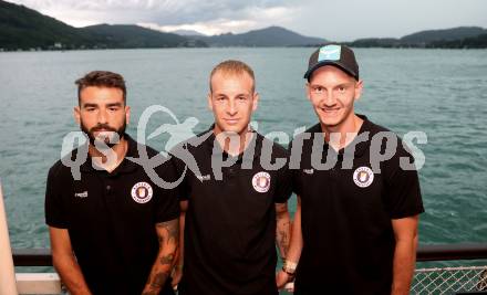 Fussball Bundesliga. Kick off, SK Austria KLagenfurt.  Kosmas Gkezos, Florian Jaritz, Nicolas Wimmer . KLagenfurt, am 18.7.2023.
Foto: Kuess



---
pressefotos, pressefotografie, kuess, qs, qspictures, sport, bild, bilder, bilddatenbank