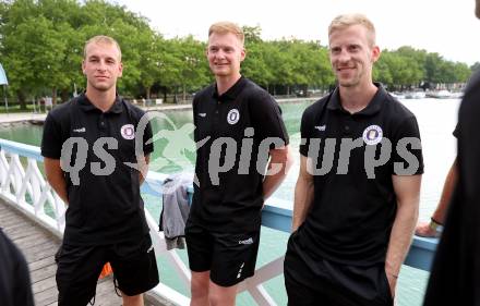 Fussball Bundesliga. Kick off, SK Austria KLagenfurt.  Florian Jaritz, Jonas Arweiler, Christopher Cvetko . KLagenfurt, am 18.7.2023.
Foto: Kuess



---
pressefotos, pressefotografie, kuess, qs, qspictures, sport, bild, bilder, bilddatenbank