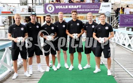 Fussball Bundesliga. Kick off, SK Austria KLagenfurt.   Florian Jaritz, Nicolas Wimmer, Kosmas Gkezos, Jonas Arweiler, Thorsten Mahrer, Christopher Cvetko, Till Schumacher. KLagenfurt, am 18.7.2023.
Foto: Kuess



---
pressefotos, pressefotografie, kuess, qs, qspictures, sport, bild, bilder, bilddatenbank