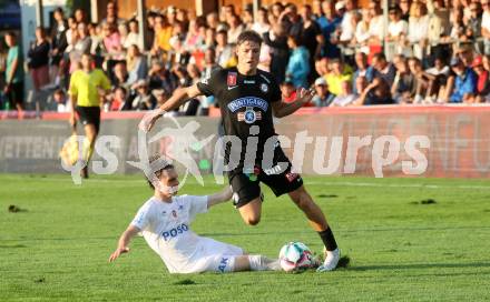 Fussball OEFB Cup. SAK gegen Sturm Graz. Jan Sasa Ogris-Martic,  (SAK), Alexander Prass    (Sturm Graz). KLagenfurt, am 22.7.2023.
Foto: Kuess






---
pressefotos, pressefotografie, kuess, qs, qspictures, sport, bild, bilder, bilddatenbank