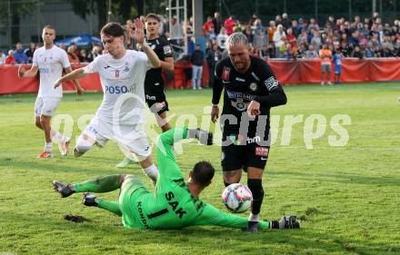 Fussball OEFB Cup. SAK gegen Sturm Graz. Kristijan Kondic, Jan Sasa Ogris-Martic,  (SAK),    Jakob Jantscher  (Sturm Graz). KLagenfurt, am 22.7.2023.
Foto: Kuess






---
pressefotos, pressefotografie, kuess, qs, qspictures, sport, bild, bilder, bilddatenbank