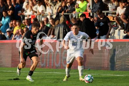 Fussball OEFB Cup. SAK gegen Sturm Graz. Luka Vukovic,  (SAK),  Alexander Prass   (Sturm Graz). KLagenfurt, am 22.7.2023.
Foto: Kuess






---
pressefotos, pressefotografie, kuess, qs, qspictures, sport, bild, bilder, bilddatenbank