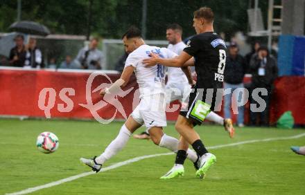 Fussball OEFB Cup. SAK gegen Sturm Graz.  Yosifov Svetlozar Angelov,  (SAK),  Alexander Prass  (Sturm Graz). KLagenfurt, am 22.7.2023.
Foto: Kuess






---
pressefotos, pressefotografie, kuess, qs, qspictures, sport, bild, bilder, bilddatenbank