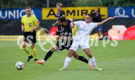 Fussball OEFB Cup. SAK gegen Sturm Graz.   Luka Vukovic, (SAK),   Otari Kiteishvili (Sturm Graz). KLagenfurt, am 22.7.2023.
Foto: Kuess






---
pressefotos, pressefotografie, kuess, qs, qspictures, sport, bild, bilder, bilddatenbank