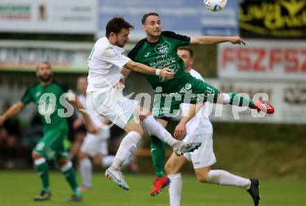 Fussball Kaerntner Liga. Lendorf gegen Landskron.  Felix Helmut Hutter (Lendorf),  Julian Brandstaetter   (Landskron). Lendorf, am 4.8.2023.
Foto: Kuess



---
pressefotos, pressefotografie, kuess, qs, qspictures, sport, bild, bilder, bilddatenbank