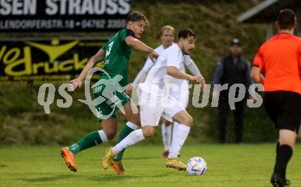 Fussball Kaerntner Liga. Lendorf gegen Landskron. Sandro Christoph Morgenstern
  (Lendorf),   Nemanja Lukic (Landskron). Lendorf, am 4.8.2023.
Foto: Kuess



---
pressefotos, pressefotografie, kuess, qs, qspictures, sport, bild, bilder, bilddatenbank