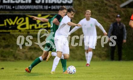 Fussball Kaerntner Liga. Lendorf gegen Landskron. Sandro Christoph Morgenstern
  (Lendorf),  Nemanja Lukic  (Landskron). Lendorf, am 4.8.2023.
Foto: Kuess



---
pressefotos, pressefotografie, kuess, qs, qspictures, sport, bild, bilder, bilddatenbank