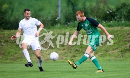 Fussball Kaerntner Liga. Lendorf gegen Landskron.  Christian Wernisch (Lendorf),    Martin Posratschnig (Landskron). Lendorf, am 4.8.2023.
Foto: Kuess



---
pressefotos, pressefotografie, kuess, qs, qspictures, sport, bild, bilder, bilddatenbank