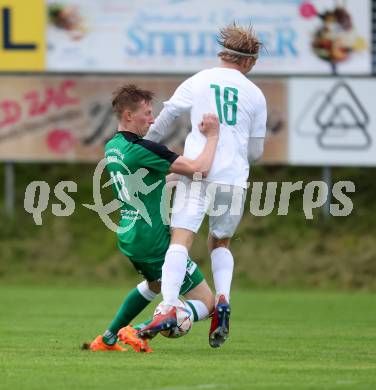 Fussball Kaerntner Liga. Lendorf gegen Landskron.  Joseph Rainer (Lendorf),  Philipp Alexander Gabriel Clementschitsch  (Landskron). Lendorf, am 4.8.2023.
Foto: Kuess


---
pressefotos, pressefotografie, kuess, qs, qspictures, sport, bild, bilder, bilddatenbank