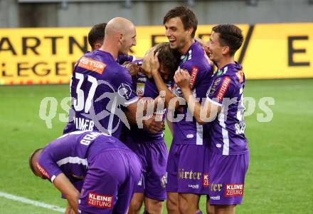 Fussball Bundesliga. SK Austria Klagenfurt gegen WAC. Torjubel Nicolas Wimmer, Christopher Wernitznig, Thorsten Mahrer, Till Schumacher  (Klagenfurt).  Klagenfurt, am 9.8.2023.
Foto: Kuess
---
pressefotos, pressefotografie, kuess, qs, qspictures, sport, bild, bilder, bilddatenbank