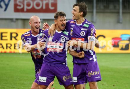 Fussball Bundesliga. SK Austria Klagenfurt gegen WAC. Torjubel Nicolas Wimmer, Christopher Wernitznig, Thorsten Mahrer  (Klagenfurt).  Klagenfurt, am 9.8.2023.
Foto: Kuess
---
pressefotos, pressefotografie, kuess, qs, qspictures, sport, bild, bilder, bilddatenbank