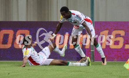 Fussball Bundesliga. SK Austria Klagenfurt gegen WAC.  Torjubel Augustine Boakye, Thierno Ballo  (WAC).  Klagenfurt, am 9.8.2023.
Foto: Kuess
---
pressefotos, pressefotografie, kuess, qs, qspictures, sport, bild, bilder, bilddatenbank