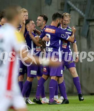 Fussball Bundesliga. SK Austria Klagenfurt gegen WAC. Torjubel Kosmas Gkezos, Christopher Cvetko  (Klagenfurt).  Klagenfurt, am 9.8.2023.
Foto: Kuess
---
pressefotos, pressefotografie, kuess, qs, qspictures, sport, bild, bilder, bilddatenbank