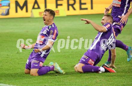 Fussball Bundesliga. SK Austria Klagenfurt gegen WAC.  Torjubel Christopher Wernitznig, Turgay Gemicibasi (Klagenfurt).  Klagenfurt, am 9.8.2023.
Foto: Kuess
---
pressefotos, pressefotografie, kuess, qs, qspictures, sport, bild, bilder, bilddatenbank