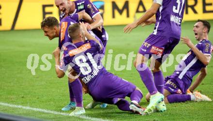 Fussball Bundesliga. SK Austria Klagenfurt gegen WAC. Torjubel Christopher Wernitznig, Turgay Gemicibasi, Nicolas Wimmer  (Klagenfurt).  Klagenfurt, am 9.8.2023.
Foto: Kuess
---
pressefotos, pressefotografie, kuess, qs, qspictures, sport, bild, bilder, bilddatenbank