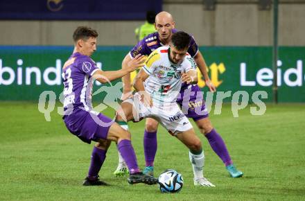 Fussball Bundesliga. SK Austria Klagenfurt gegen WAC.   Till Schumacher, Nicolas Wimmer,  (Klagenfurt),  Bernhard Zimmermann  (WAC).  Klagenfurt, am 9.8.2023.
Foto: Kuess
---
pressefotos, pressefotografie, kuess, qs, qspictures, sport, bild, bilder, bilddatenbank