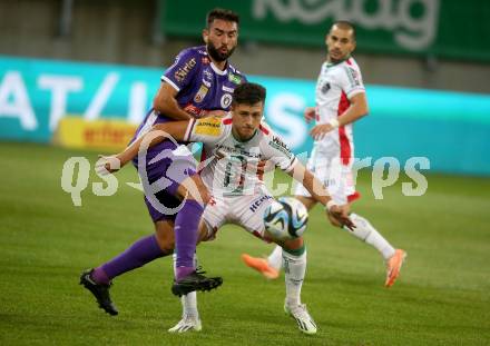 Fussball Bundesliga. SK Austria Klagenfurt gegen WAC.  Kosmas Gkezos,   (Klagenfurt),    Bernhard Zimmermann (WAC).  Klagenfurt, am 9.8.2023.
Foto: Kuess
---
pressefotos, pressefotografie, kuess, qs, qspictures, sport, bild, bilder, bilddatenbank