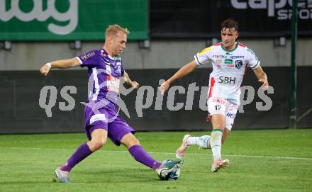 Fussball Bundesliga. SK Austria Klagenfurt gegen WAC.  Florian Jaritz,    (Klagenfurt),  Nikolas Konrad Veratschnig  (WAC).  Klagenfurt, am 9.8.2023.
Foto: Kuess
---
pressefotos, pressefotografie, kuess, qs, qspictures, sport, bild, bilder, bilddatenbank