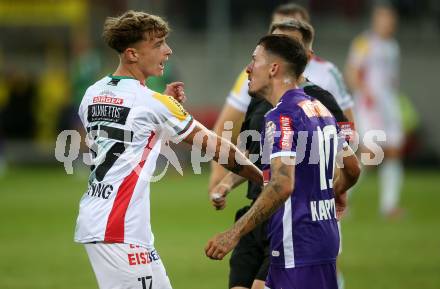 Fussball Bundesliga. SK Austria Klagenfurt gegen WAC.  Sinan Karweina,   (Klagenfurt),    Nikolas Konrad Veratschnig (WAC).  Klagenfurt, am 9.8.2023.
Foto: Kuess
---
pressefotos, pressefotografie, kuess, qs, qspictures, sport, bild, bilder, bilddatenbank