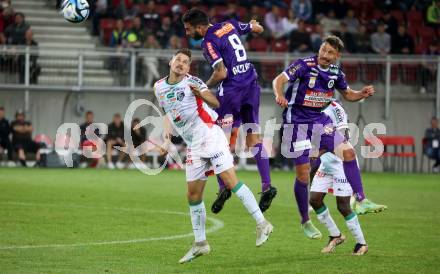 Fussball Bundesliga. SK Austria Klagenfurt gegen WAC.  Kosmas Gkezos, Christopher Wernitznig,  (Klagenfurt),   Thorsten Roecher   (WAC).  Klagenfurt, am 9.8.2023.
Foto: Kuess
---
pressefotos, pressefotografie, kuess, qs, qspictures, sport, bild, bilder, bilddatenbank