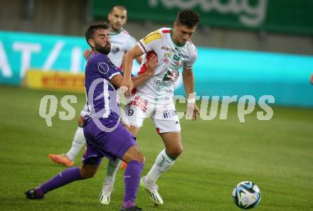 Fussball Bundesliga. SK Austria Klagenfurt gegen WAC.  Kosmas Gkezos,   (Klagenfurt),    Bernhard Zimmermann (WAC).  Klagenfurt, am 9.8.2023.
Foto: Kuess
---
pressefotos, pressefotografie, kuess, qs, qspictures, sport, bild, bilder, bilddatenbank