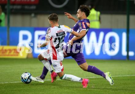 Fussball Bundesliga. SK Austria Klagenfurt gegen WAC.  Simon Straudi, (Klagenfurt),  Florian Rieder    (WAC).  Klagenfurt, am 9.8.2023.
Foto: Kuess
---
pressefotos, pressefotografie, kuess, qs, qspictures, sport, bild, bilder, bilddatenbank