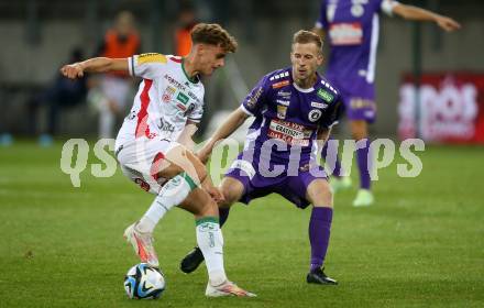 Fussball Bundesliga. SK Austria Klagenfurt gegen WAC.  Christopher Cvetko,   (Klagenfurt),    Nikolas Konrad Veratschnig (WAC).  Klagenfurt, am 9.8.2023.
Foto: Kuess
---
pressefotos, pressefotografie, kuess, qs, qspictures, sport, bild, bilder, bilddatenbank