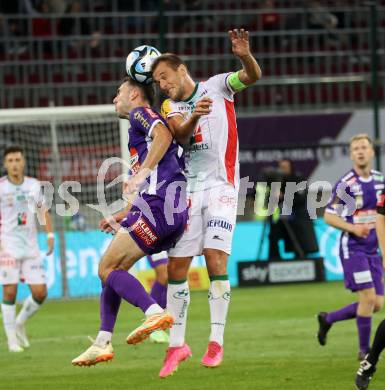 Fussball Bundesliga. SK Austria Klagenfurt gegen WAC.   Andrew Irving, (Klagenfurt),  Mario Leitgeb   (WAC).  Klagenfurt, am 9.8.2023.
Foto: Kuess
---
pressefotos, pressefotografie, kuess, qs, qspictures, sport, bild, bilder, bilddatenbank