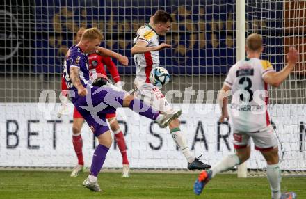 Fussball Bundesliga. SK Austria Klagenfurt gegen WAC.  Jonas Arweiler,  (Klagenfurt),    Scott Fitzgerald Kennedy (WAC).  Klagenfurt, am 9.8.2023.
Foto: Kuess
---
pressefotos, pressefotografie, kuess, qs, qspictures, sport, bild, bilder, bilddatenbank