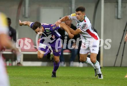 Fussball Bundesliga. SK Austria Klagenfurt gegen WAC.   Till Schumacher, (Klagenfurt),    Adis Jasic (WAC).  Klagenfurt, am 9.8.2023.
Foto: Kuess
---
pressefotos, pressefotografie, kuess, qs, qspictures, sport, bild, bilder, bilddatenbank