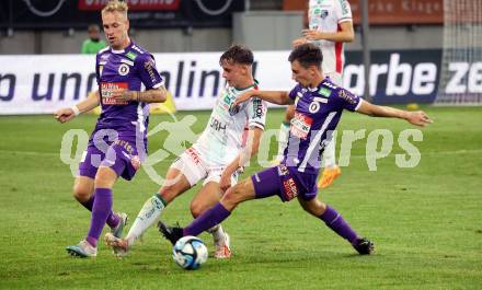 Fussball Bundesliga. SK Austria Klagenfurt gegen WAC.  Florian Jaritz, Till Schumacher,  (Klagenfurt),  Nikolas Konrad Veratschnig   (WAC).  Klagenfurt, am 9.8.2023.
Foto: Kuess
---
pressefotos, pressefotografie, kuess, qs, qspictures, sport, bild, bilder, bilddatenbank