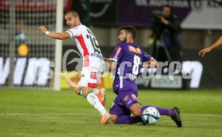 Fussball Bundesliga. SK Austria Klagenfurt gegen WAC. Kosmas Gkezos,  (Klagenfurt),    Sandro Altunashvili   (WAC).  Klagenfurt, am 9.8.2023.
Foto: Kuess
---
pressefotos, pressefotografie, kuess, qs, qspictures, sport, bild, bilder, bilddatenbank