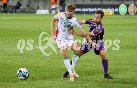 Fussball Bundesliga. SK Austria Klagenfurt gegen WAC.   Till Schumacher,  (Klagenfurt),    Nikolas Konrad Veratschnig (WAC).  Klagenfurt, am 9.8.2023.
Foto: Kuess
---
pressefotos, pressefotografie, kuess, qs, qspictures, sport, bild, bilder, bilddatenbank