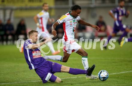 Fussball Bundesliga. SK Austria Klagenfurt gegen WAC.  Christopher Cvetko,   (Klagenfurt),    Thierno Mamadou Lamarana Ballo (WAC).  Klagenfurt, am 9.8.2023.
Foto: Kuess
---
pressefotos, pressefotografie, kuess, qs, qspictures, sport, bild, bilder, bilddatenbank