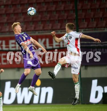 Fussball Bundesliga. SK Austria Klagenfurt gegen WAC. Jonas Arweiler,    (Klagenfurt),    Scott Fitzgerald Kennedy (WAC).  Klagenfurt, am 9.8.2023.
Foto: Kuess
---
pressefotos, pressefotografie, kuess, qs, qspictures, sport, bild, bilder, bilddatenbank