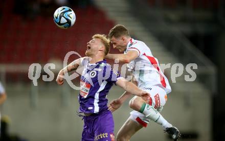 Fussball Bundesliga. SK Austria Klagenfurt gegen WAC.  Jonas Arweiler,  (Klagenfurt),    Scott Fitzgerald Kennedy  (WAC).  Klagenfurt, am 9.8.2023.
Foto: Kuess
---
pressefotos, pressefotografie, kuess, qs, qspictures, sport, bild, bilder, bilddatenbank