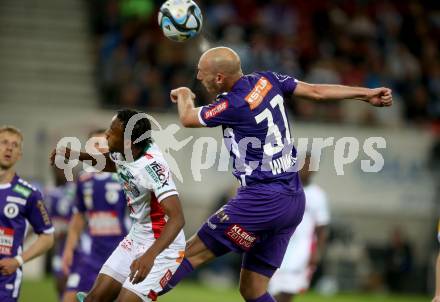 Fussball Bundesliga. SK Austria Klagenfurt gegen WAC.  Nicolas Wimmer,   (Klagenfurt),    Thierno Mamadou Lamarana Ballo (WAC).  Klagenfurt, am 9.8.2023.
Foto: Kuess
---
pressefotos, pressefotografie, kuess, qs, qspictures, sport, bild, bilder, bilddatenbank