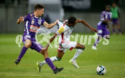 Fussball Bundesliga. SK Austria Klagenfurt gegen WAC.   Till Schumacher,  (Klagenfurt),    Thierno Mamadou Lamarana Ballo (WAC).  Klagenfurt, am 9.8.2023.
Foto: Kuess
---
pressefotos, pressefotografie, kuess, qs, qspictures, sport, bild, bilder, bilddatenbank