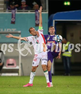 Fussball Bundesliga. SK Austria Klagenfurt gegen WAC. Andrew Irving, (Klagenfurt),   Mario Leitgeb    (WAC).  Klagenfurt, am 9.8.2023.
Foto: Kuess
---
pressefotos, pressefotografie, kuess, qs, qspictures, sport, bild, bilder, bilddatenbank