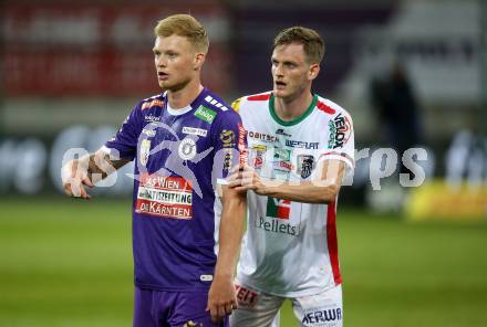 Fussball Bundesliga. SK Austria Klagenfurt gegen WAC.  Jonas Arweiler,   (Klagenfurt),    Scott Fitzgerald Kennedy (WAC).  Klagenfurt, am 9.8.2023.
Foto: Kuess
---
pressefotos, pressefotografie, kuess, qs, qspictures, sport, bild, bilder, bilddatenbank