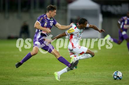 Fussball Bundesliga. SK Austria Klagenfurt gegen WAC.   Till Schumacher,  (Klagenfurt),    Thierno Mamadou Lamarana Ballo (WAC).  Klagenfurt, am 9.8.2023..
Foto: Kuess
---
pressefotos, pressefotografie, kuess, qs, qspictures, sport, bild, bilder, bilddatenbank