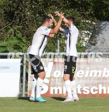 Fussball Kaerntner Liga. Bleiburg gegen KAC.  Torjubel Adnan Besic, Al Mahic  (Bleiburg). Bleiburg, am 12.8.2023.
Foto: Kuess
---
pressefotos, pressefotografie, kuess, qs, qspictures, sport, bild, bilder, bilddatenbank