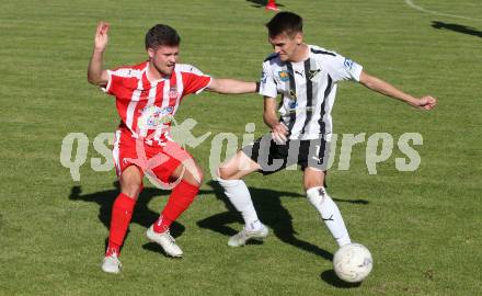 Fussball Kaerntner Liga. Bleiburg gegen KAC.   Mathias Robert Knauder (Bleiburg),   Florian Richard Peterl  (KAC). Bleiburg, am 12.8.2023.
Foto: Kuess
---
pressefotos, pressefotografie, kuess, qs, qspictures, sport, bild, bilder, bilddatenbank