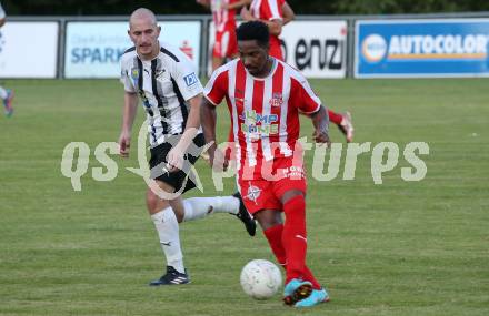 Fussball Kaerntner Liga. Bleiburg gegen KAC.  Nikola Tolimir  (Bleiburg),   Sandro Jose Da Silva  (KAC). Bleiburg, am 12.8.2023.
Foto: Kuess
---
pressefotos, pressefotografie, kuess, qs, qspictures, sport, bild, bilder, bilddatenbank