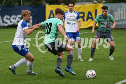 Fussball Kaerntner Liga. Treibach gegen Voelkermarkt.  Alexander Kerhe  (Treibach),     Raphael Lukas Kulterer (Voelkermarkt). Treibach, am 18.8.2023.
Foto: Kuess
---
pressefotos, pressefotografie, kuess, qs, qspictures, sport, bild, bilder, bilddatenbank