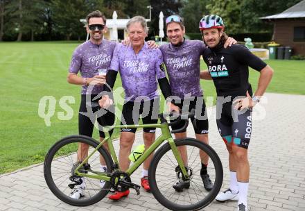 Radsport. Tour de Franz.  Rene Haselbacher, Franz Klammer, Felix Gottwald, Marco Haller. St. Veit, am 9.8.2023.
Foto: Kuess



---
pressefotos, pressefotografie, kuess, qs, qspictures, sport, bild, bilder, bilddatenbank