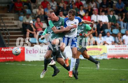 Fussball Kaerntner Liga. Treibach gegen Voelkermarkt.   Lukas Maximilian Pippan (Treibach),    Matthias Maierhofer  (Voelkermarkt). Treibach, am 18.8.2023.
Foto: Kuess
---
pressefotos, pressefotografie, kuess, qs, qspictures, sport, bild, bilder, bilddatenbank