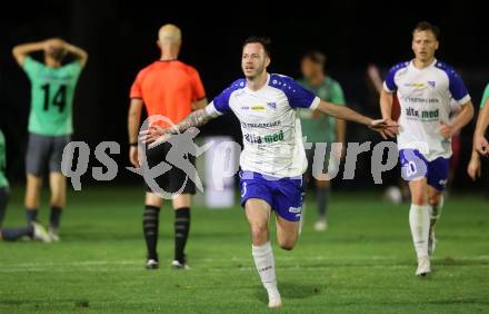 Fussball Kaerntner Liga. Treibach gegen Voelkermarkt.   Torjubel Kevin Vaschauner  (Treibach). Treibach, am 18.8.2023.
Foto: Kuess
---
pressefotos, pressefotografie, kuess, qs, qspictures, sport, bild, bilder, bilddatenbank