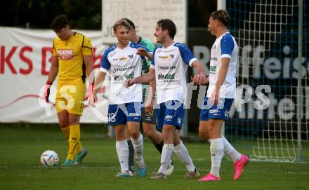 Fussball Kaerntner Liga. Treibach gegen Voelkermarkt. Torjubel Marco Paul Pirker   (Treibach). Treibach, am 18.8.2023.
Foto: Kuess
---
pressefotos, pressefotografie, kuess, qs, qspictures, sport, bild, bilder, bilddatenbank